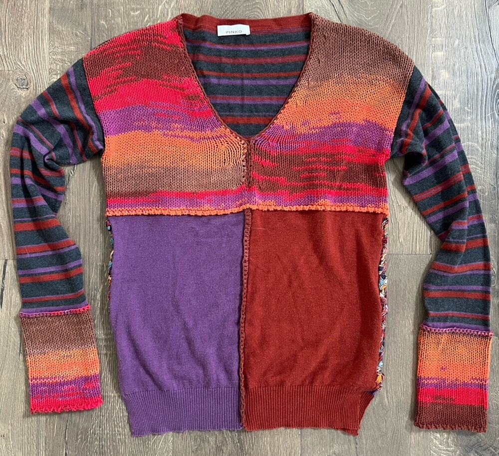 Pinko 1990s Sweater Cotton Blend Patchwork Eclectic Style Ladies Long Sleeve Med